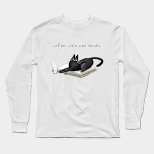 Cartoon black cat on a book and the inscription "Books, cats and coffee". Long Sleeve T-Shirt